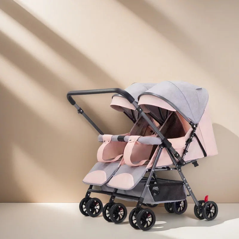 Twin Baby Stroller Foldable Double Seat, Lightweight Outdoor Pram with 360° Swivel Wheels, Reclining Design,Elevator Friendly