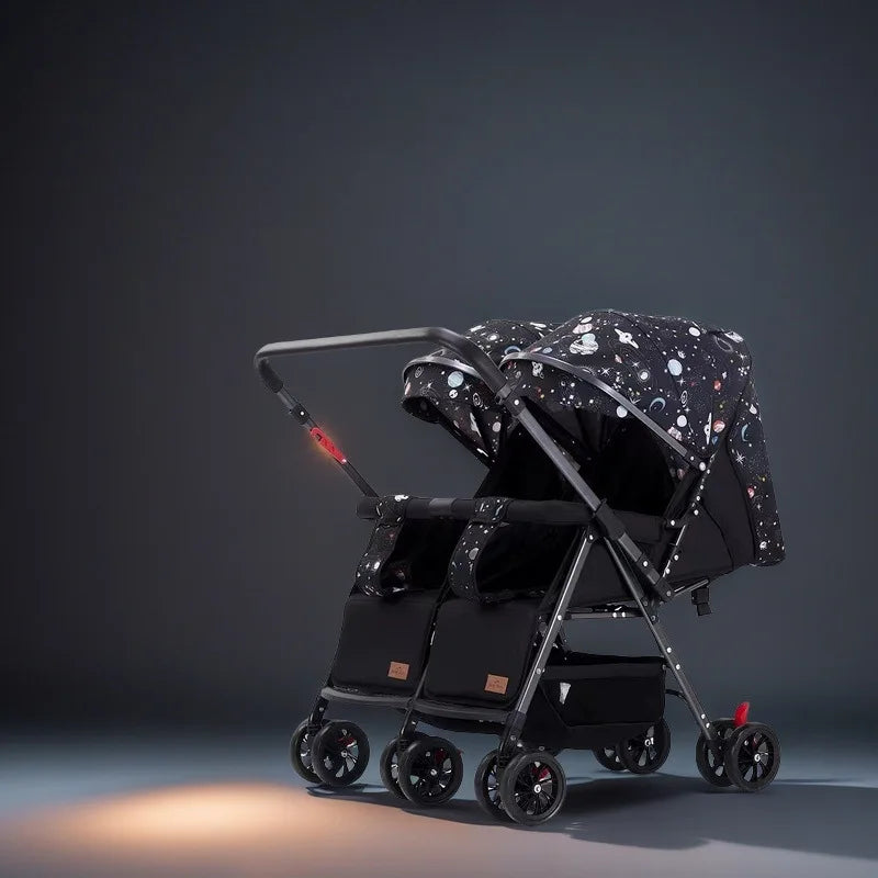 Twin Baby Stroller Foldable Double Seat, Lightweight Outdoor Pram with 360° Swivel Wheels, Reclining Design,Elevator Friendly