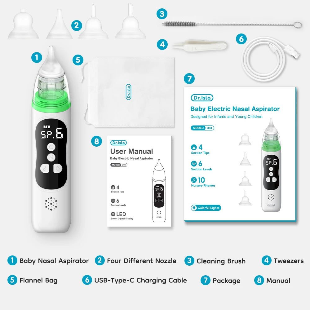 MAMIJOY Baby Electric Nasal Aspirator Nose Suction Device with Food Grade Silicone Mouthpiece 6 Suction Modes and Soothing Music