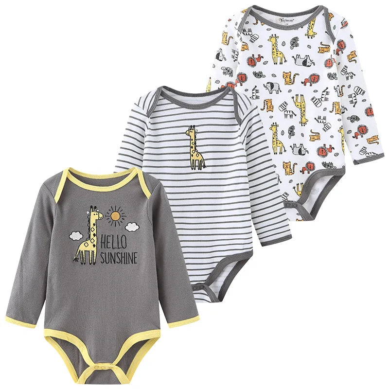 Kiddiezoom 3 Pcs Newborn Cartoon Long Sleeve 100%cotton Baby Boy Girl Bodysuit Soft Infant Onesies Clothes