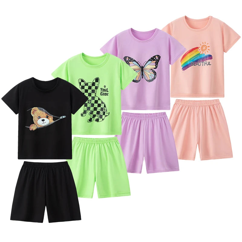 2-piece Summer Children's Comfortable And Versatile Cute Short sleeved Shorts Set For Boys And Girls Casual Home And Outdoor Set