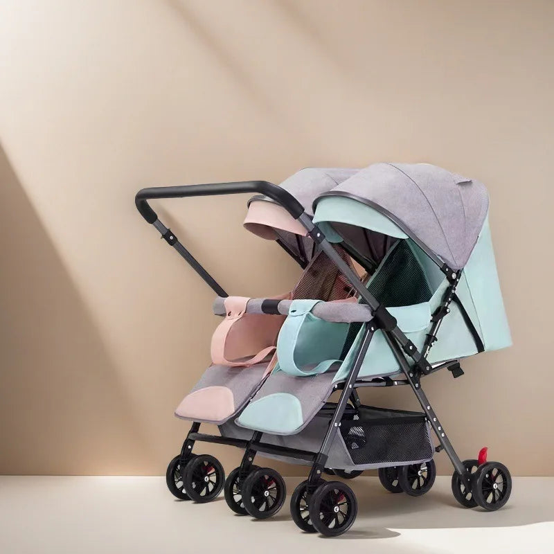 Twin Baby Stroller Foldable Double Seat, Lightweight Outdoor Pram with 360° Swivel Wheels, Reclining Design,Elevator Friendly