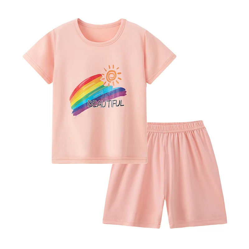 2-piece Summer Children's Comfortable And Versatile Cute Short sleeved Shorts Set For Boys And Girls Casual Home And Outdoor Set