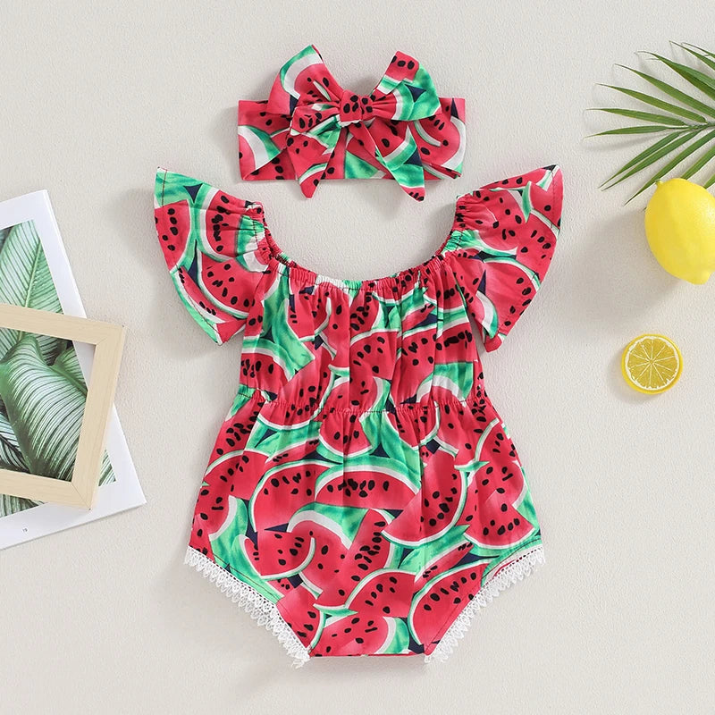 0-36months Newborn Girl Bodysuit Hairband Set Short Sleeve Watermelon Print Playsuits For Baby Girls Summer One_piece Rompers