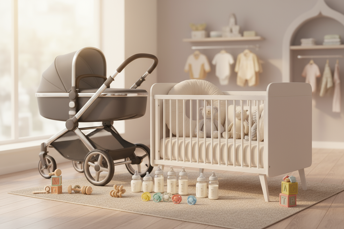 Generate a picture of baby stuff such as bottles, stroller, baby crib, dummies, nursing pillow and baby toys